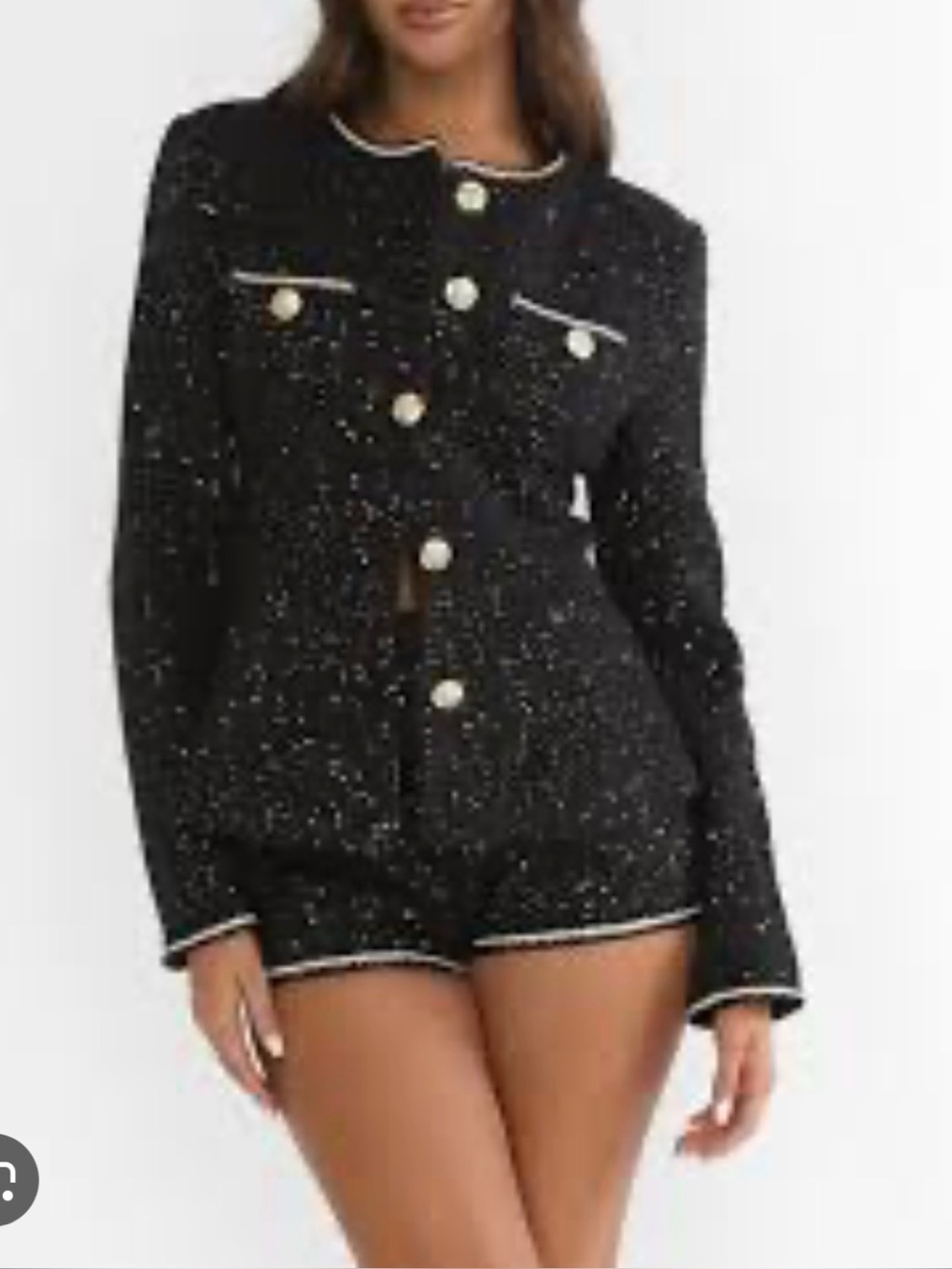 Black Tweed Button-Down Shirt and shorts (set) with Gold Buttons